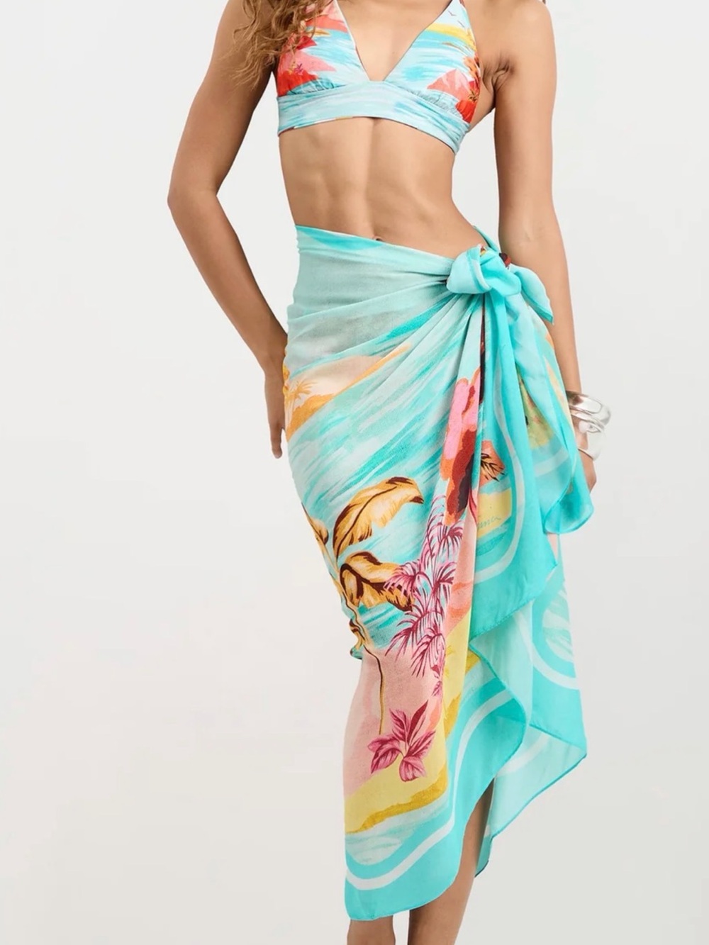 Trina Turk Turquoise Floral Tie Sarong Coverup